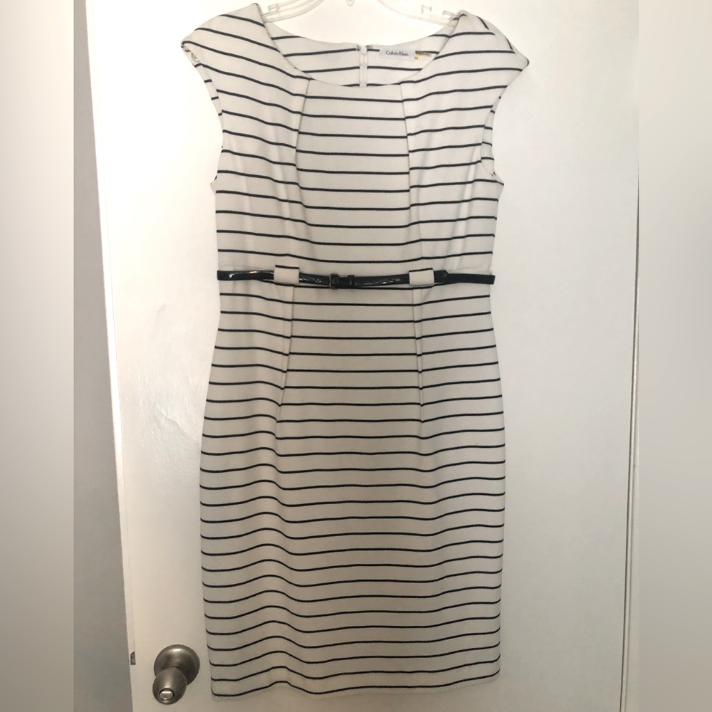 Calvin Klein shift dress, Black and white striped, Size 10